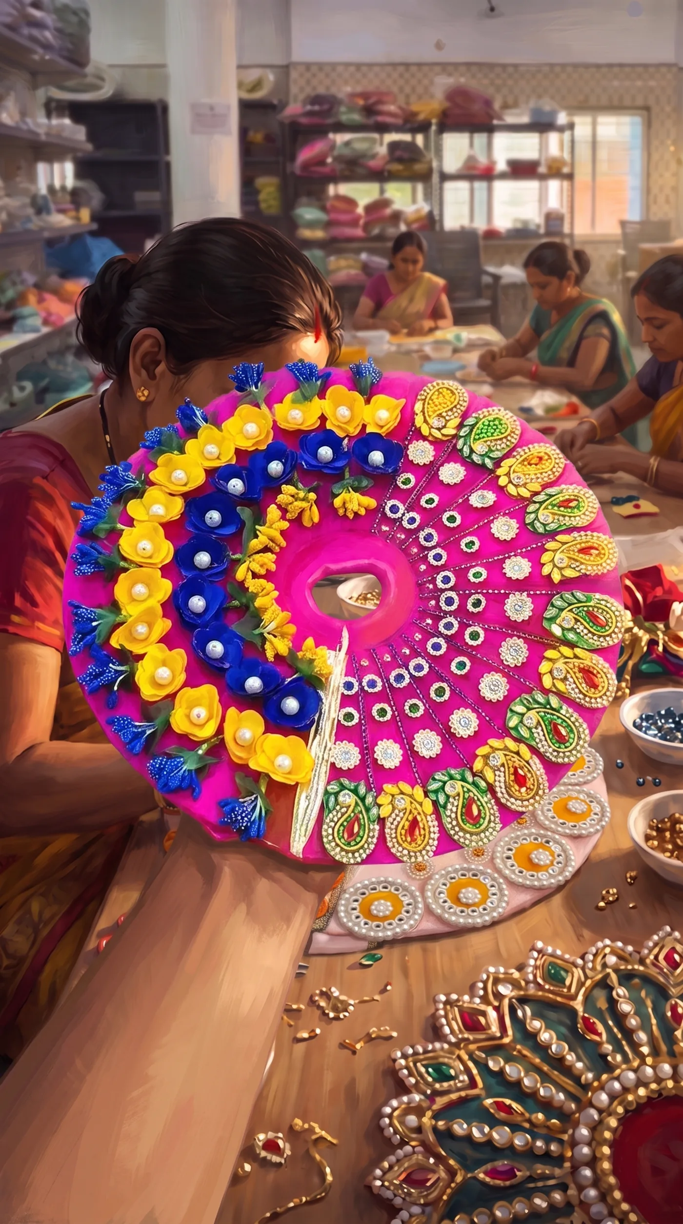 An artisan setting flowers and pearls onto a piece by hand at the workshop bench