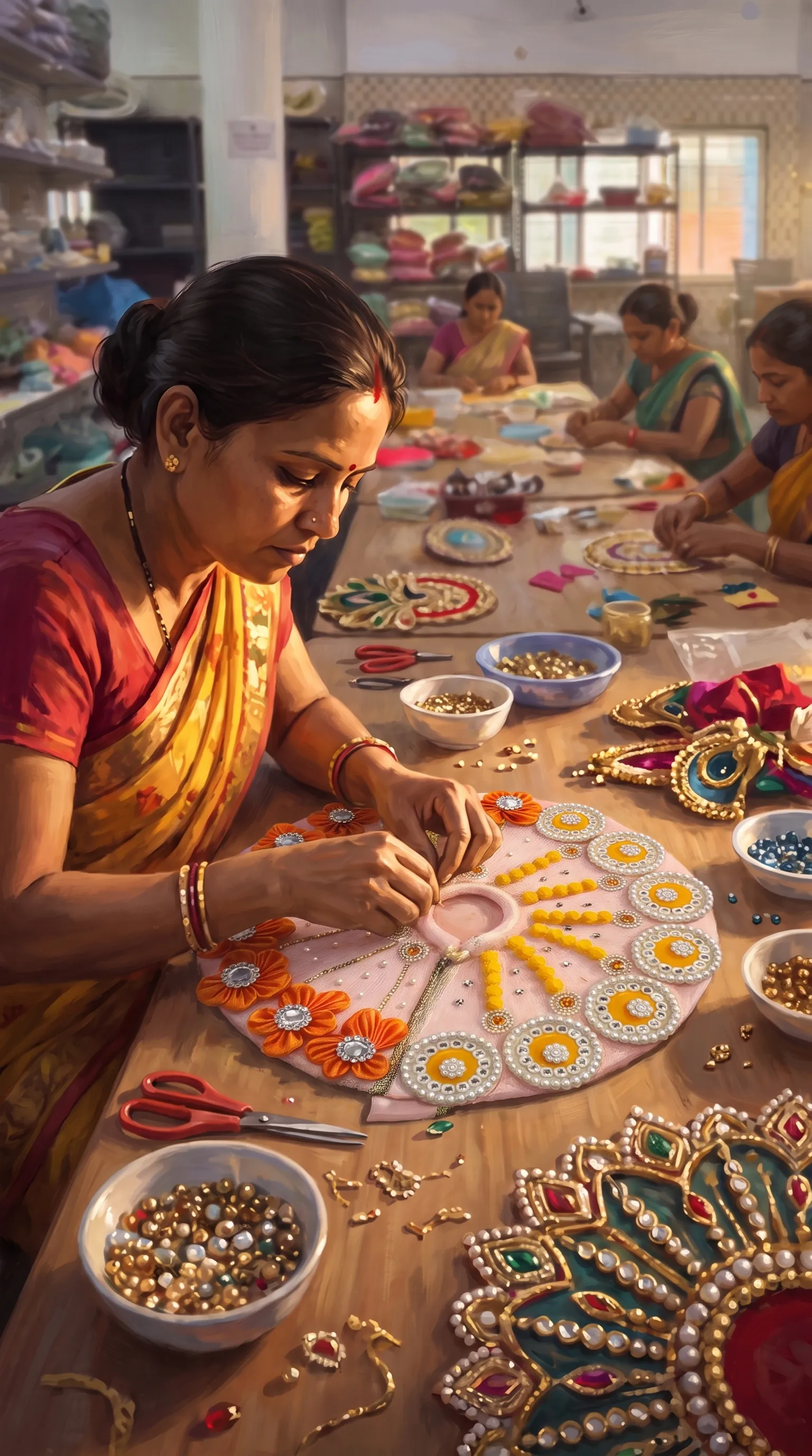 Artisans at work in the Devadhi workshop, finishing a piece by hand